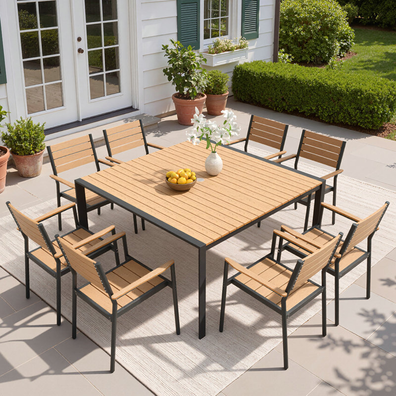 Ensemble de salle à manger d'extérieur en aluminium pour 8 personnes avec chaises empilables et trou pour parasol, Brun