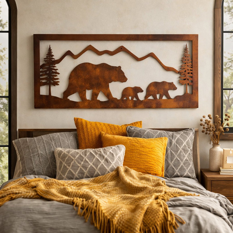 Décoration murale petite famille d'ours en métal rustique