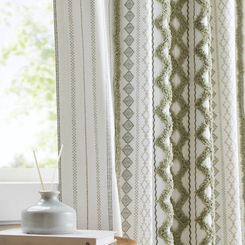 1 PC 50" Cotton Printed Curtain Panel with Chenille Stripe and Lining Green, 50.01" W x 95.01" L