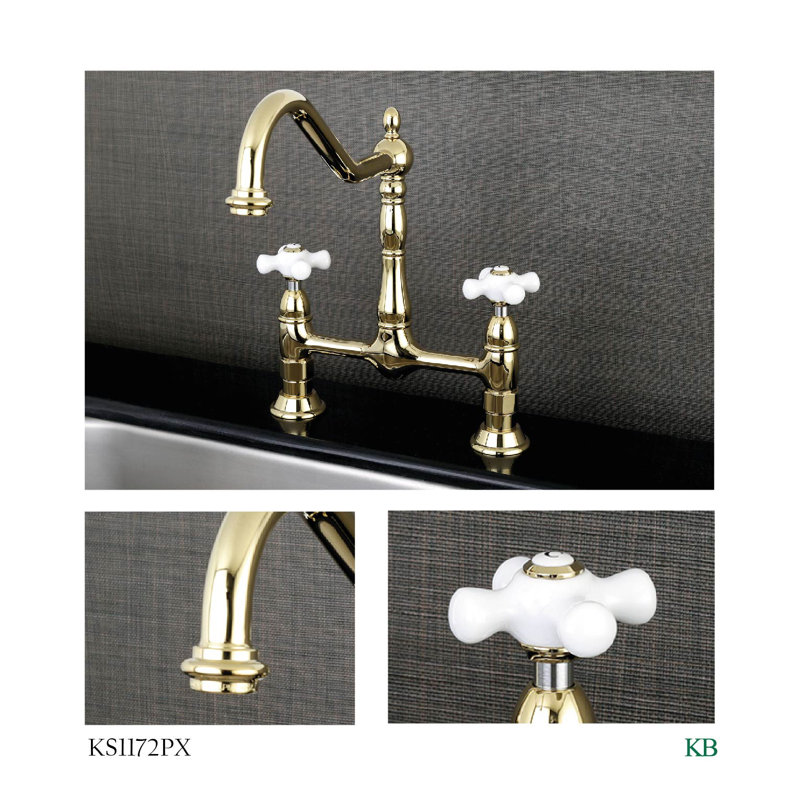 Heritage Double Handle Kitchen Faucet with optional Side Spray, Polished Brass