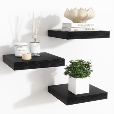 Tablettes flottantes pour le mur - tablettes carrées de 7,5 pouces avec supports invisibles, petite tablette murale noire pour le salon, la salle de bain, la chambre à coucher et la cuisine, ensemble de 3 - noir