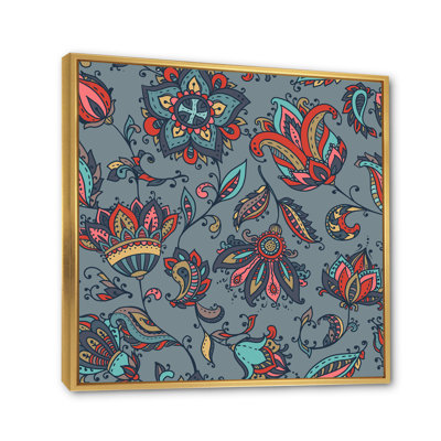 «Red Paisley Flowers On Gray», reproduction d'art sur toile traditionnelle