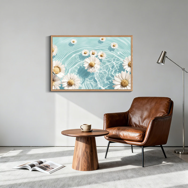 Marguerites blanches flottant sur des ondulations d'eau turquoise - Tableau sur toile, H 24 po x l 36 po