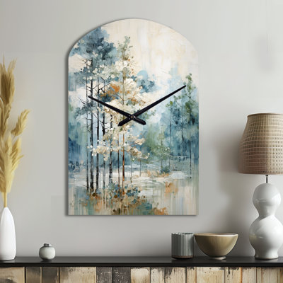 Pine Tree Enchanted Forest II - Pine Arch Metal Wall Clock, Traditional Asymmetrical Wall Clock Print