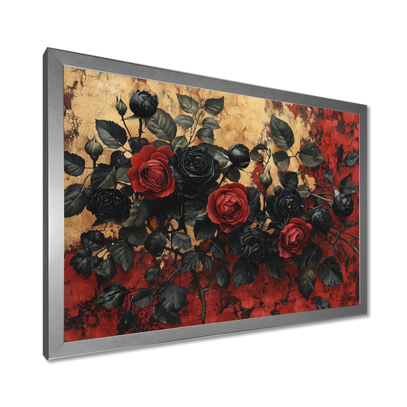 Art mural de roses de minuit de MOVita - roses, art mural, H 24 po x l 32 po, Avec cadre, Argent argent