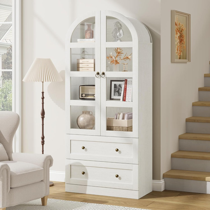 72 po de hauteur avec garde-manger arqué de 72 po - rangement campagnard moderne avec 2 portes, 4 tablettes épaissies à 4 niveaux et 2 tiroirs, grande armoire de présentation en bois (blanc, porte vitrée)