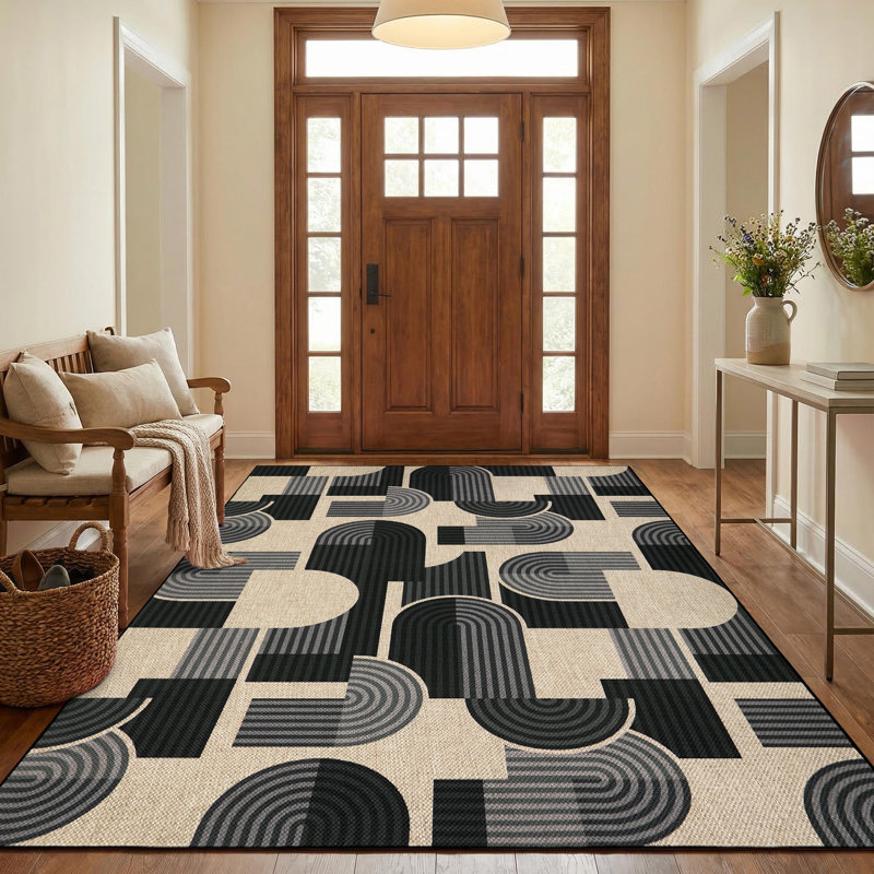Tapis en jute à motif géométrique facile à nettoyer, Black, Runner 2' x 6'