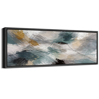 Abstract Teal Gold Dynamic Artwork, Contemporary Living Room Pictures, Framed Canvas Giclee Print Wall Art