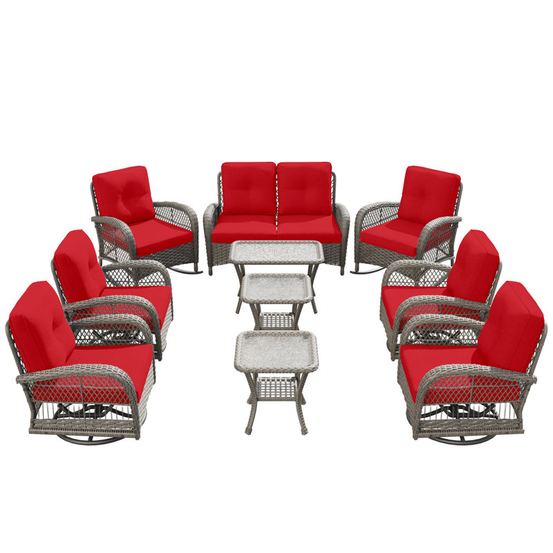 Ensemble de conversation d'extérieur pour 8 personnes avec coussins, Rouge