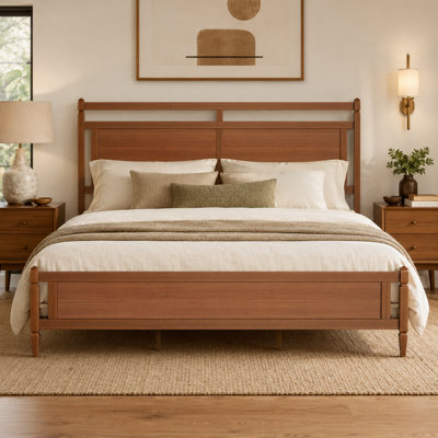 Lit plateforme très grand de style Mid-Century moderne en bois, tête et pied de lit à panneau ouvert, aucun sommier requis, assemblage facile, noyer clair