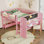 Lit mezzanine double avec bureau, tableau noir et tiroirs multi-rangements, lit mezzanine bas en bois massif, sans sommier, rose