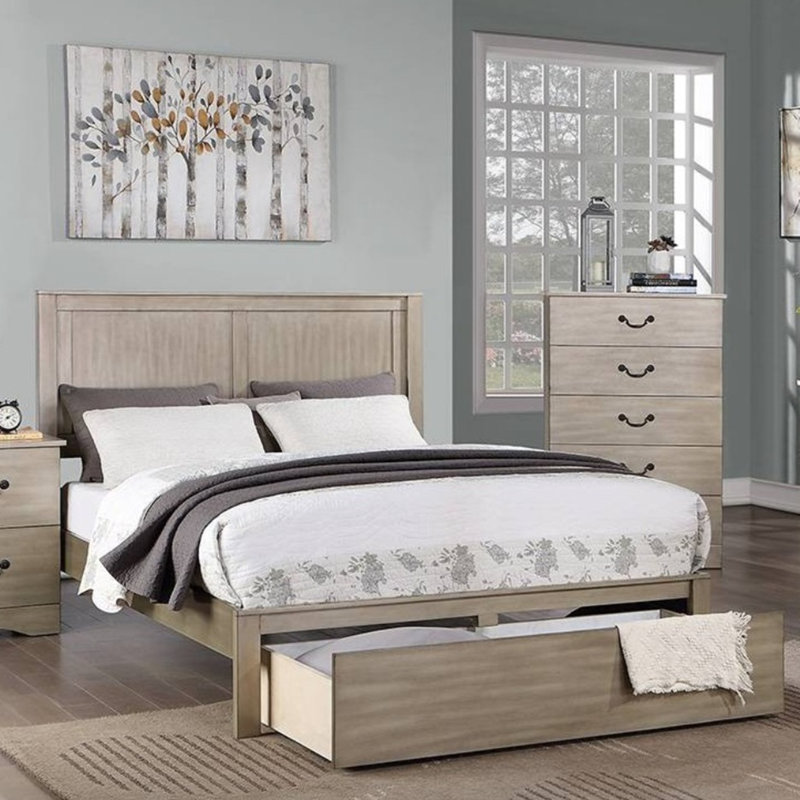 Rustic Style Two Panel Bed Rectangular Shaped Footboard Drawer, California King