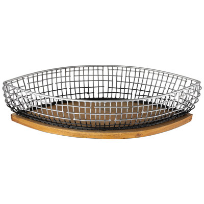 Oblong Iron Baskets With Wooden Base - 15" - Silver And Black - Set Of 2