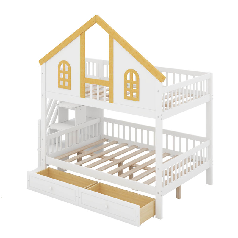Lit superposé House avec tiroirs de rangement et escalier, structure de lit superposé en bois avec porte fenêtre et toit