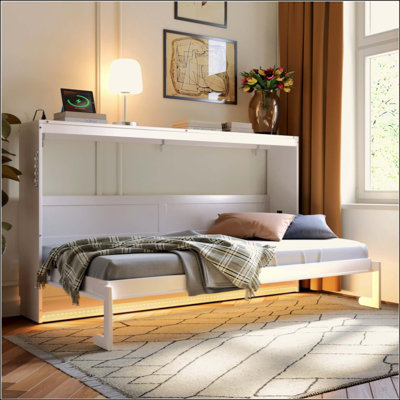 Lit escamotable moderne pliant sur le côté avec motif imprimé tendance, éclairage DEL sous le lit et prise USB intégrée - conception peu encombrante
