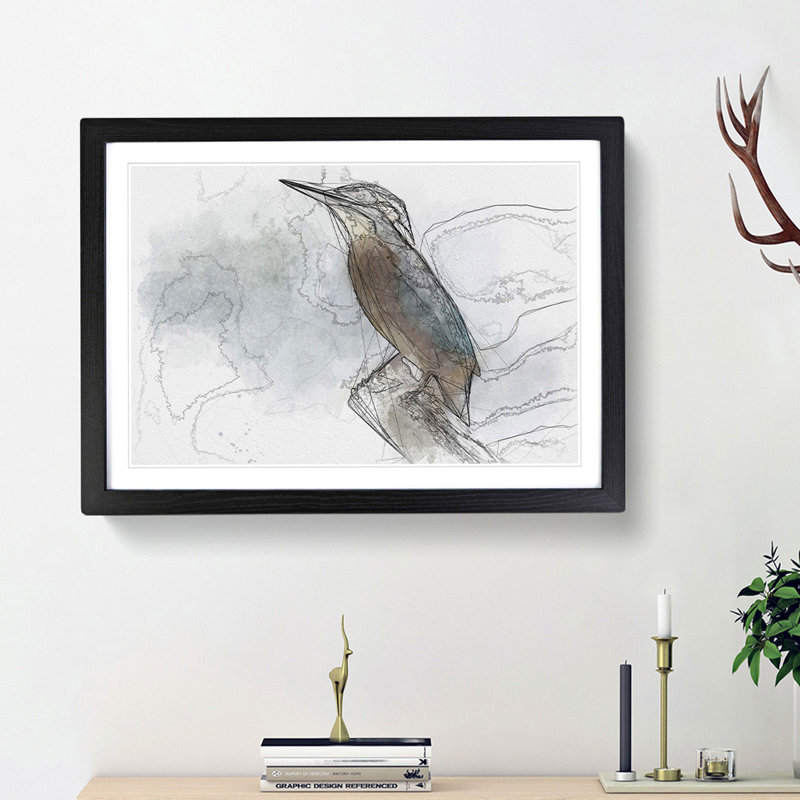 Graceful Kingfisher Bird - Picture Frame Graphic Art Print, 45cm H x 63cm W x 2cm D, Black Framed
