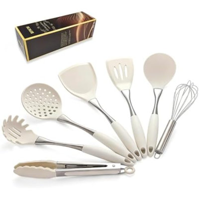 White Silicone Cooking Utensils Set-Non-Toxic, Heat Resistant, BPA Free Kitchen Utensils Set with Spatula, Spoon, Whisk & Tongs-Non-Stick& Dishwasher Safe for Nonstick Cookware