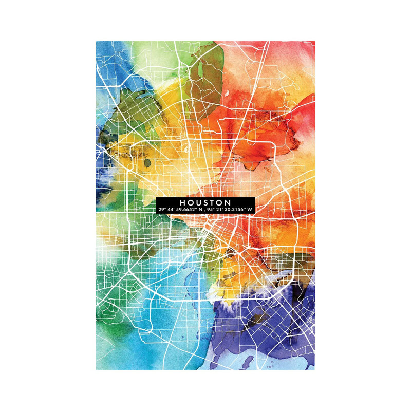 Houston City Map Colourful 1 Piece Wrapped Canvas Wall Art, 101.6 cm H x 66.04 cm W