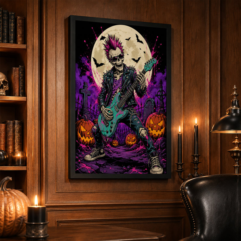 Toile squelette punk rocker jouant de la guitare bleu sarcelle sur toile d'Halloween, H 30 po x l 20 po