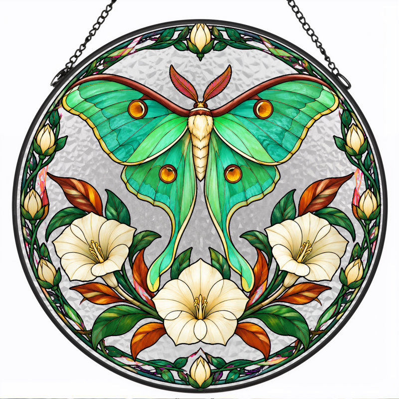 «Green Luna Moth» et art mural sur toile en vitrail circulaire, H 12 po