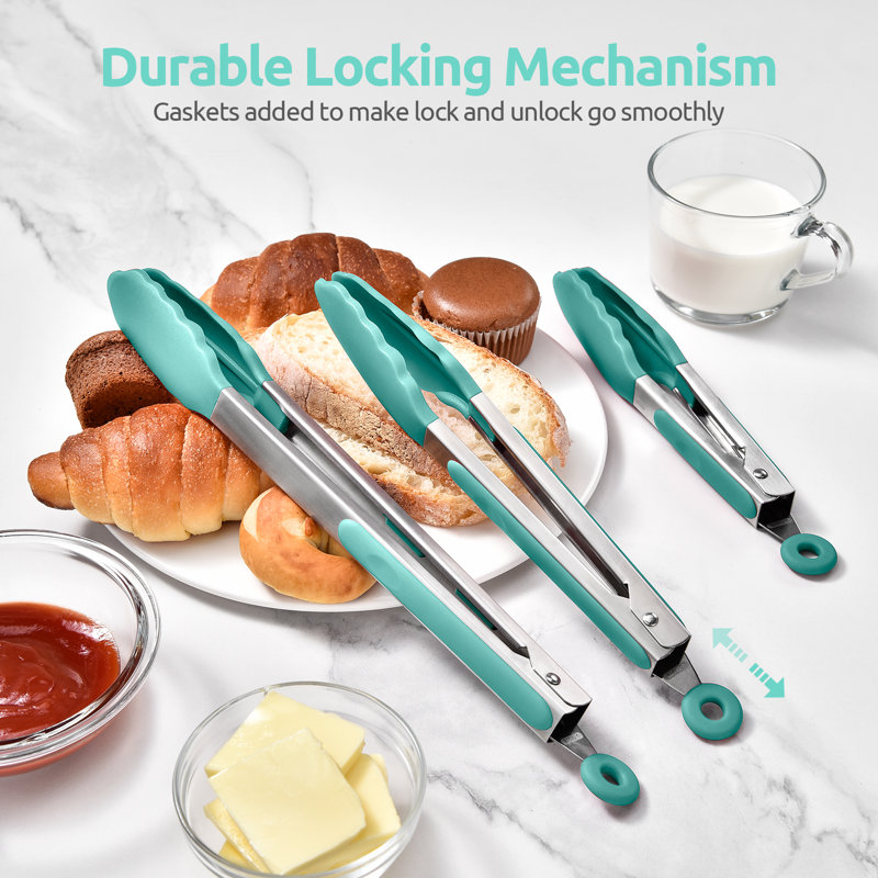 U-Taste 600ºF Heat-Resistant Silicone Kitchen Tongs: 7+9+12 Inch Heat Resistant Cooking Tong Set, Aqua Sky