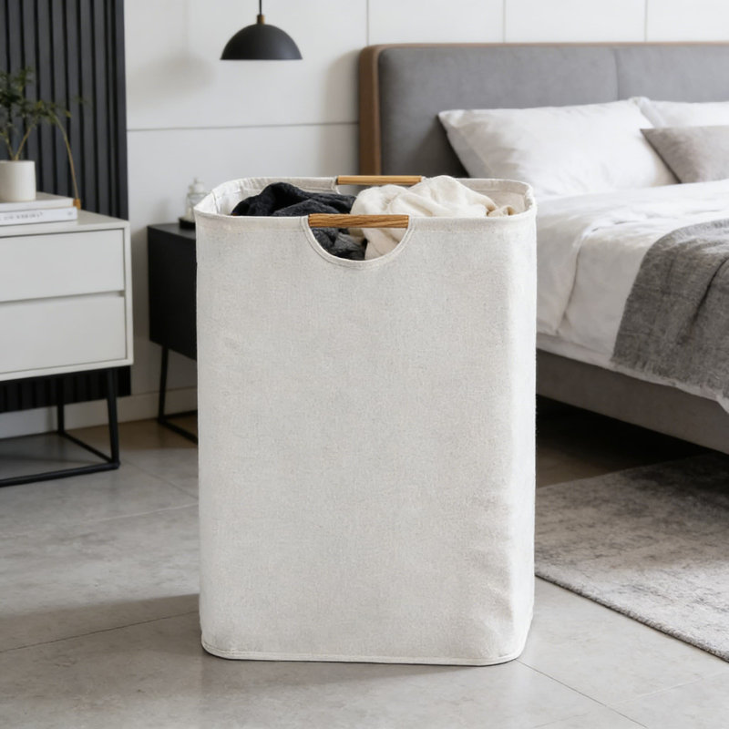 Foldable Laundry Hamper With Wooden Handles - Large Capacity Cotton Linen Storage Basket For Clothes, Toys, And Bathroom Organization