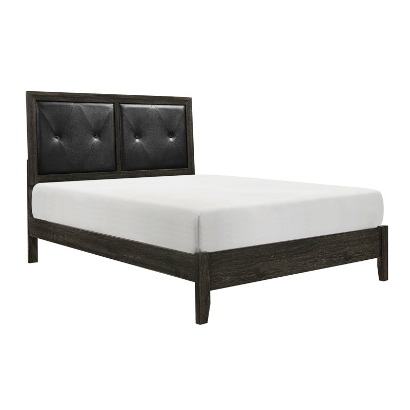 Dark Gray Queen Bedroom Furniture With Comfy Button- Faux Leather Headboard And Wooden Frame Furniture: Bed Stylish Wood For A Cozy