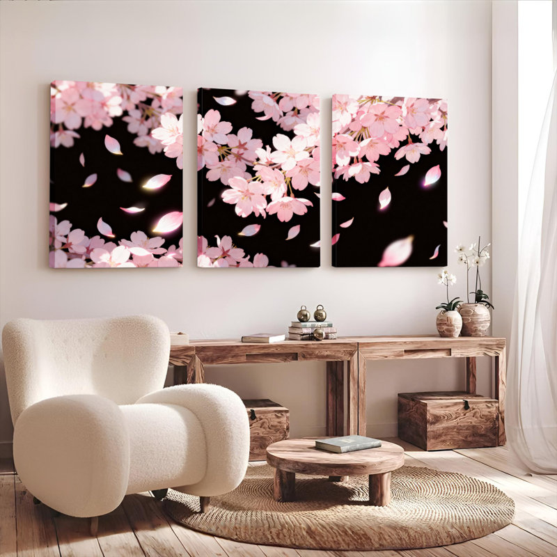 Fleur de cerisier sur toile, fleurs de sakura rose sur fond noir (ensemble de 3), H 30 po x l 60 po