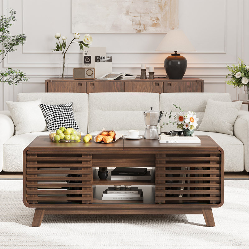 Table basse avec plateau coulissant, table basse Mid-Century en bois de 47 po avec portes de rangement et coulissantes, noyer