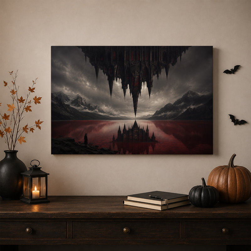 Toile murale surréaliste représentant un château gothique à l'envers surplombant le lac rouge, idéale pour l'Halloween