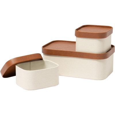 Beige Decorative Storage Boxes With Lids, Storage Baskets with Leather-Like Lids