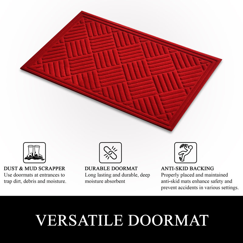 Odafe Indoor/Outdoor Non-Slip Heavy-Duty Polypropylene Doormat with Rubber Backing – Checkered Design, 18" W x 30" L, Red