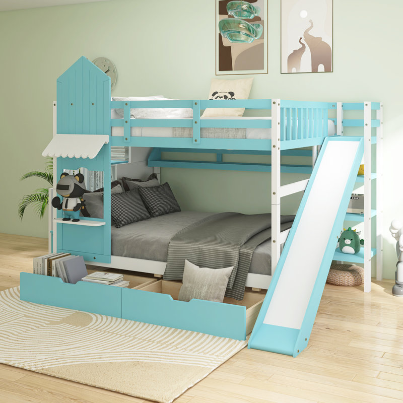 Lit superposé double de style château double, Bleu, Lit superposé double sur double