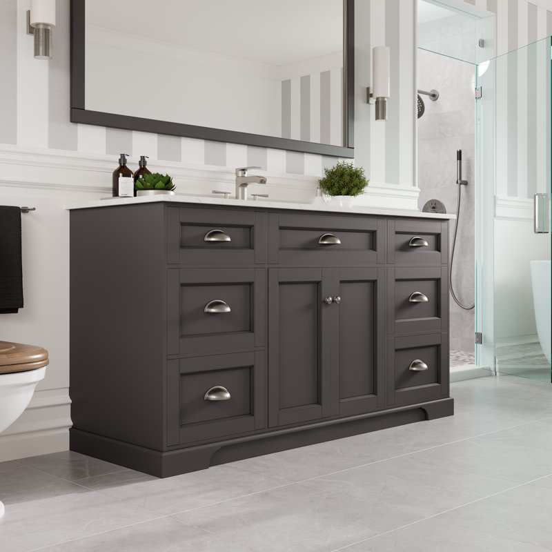 Didomenico 60"W X 22"D Bathroom Vanity With White Carrara Quartz Countertop And Undermount Porcelain Sink, Charcoal Gray