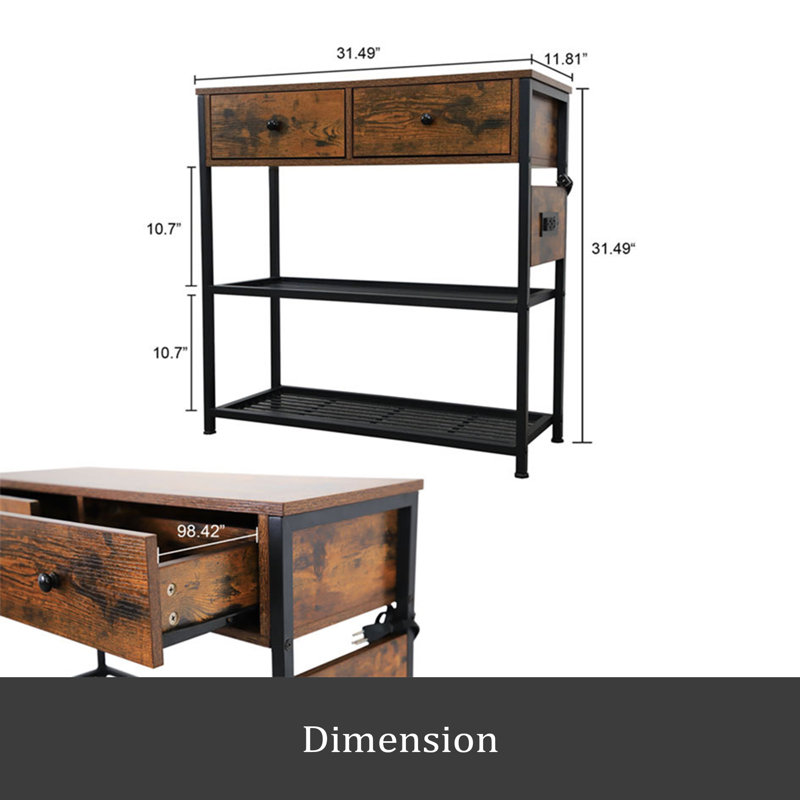 Console de hall d'entrée Ultimate, table de canapé étroite avec 2 tiroirs, 2 tablettes, prises de courant, 2 ports USB, 1 port de type C, table d'entrée de table pour le salon, vestibule, table d'entrée de couloir industrielle