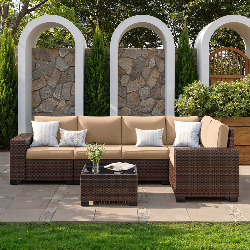 Ensemble de conversation modulaire en osier pour 5 personnes avec coussins, Coussin beige / structure brune