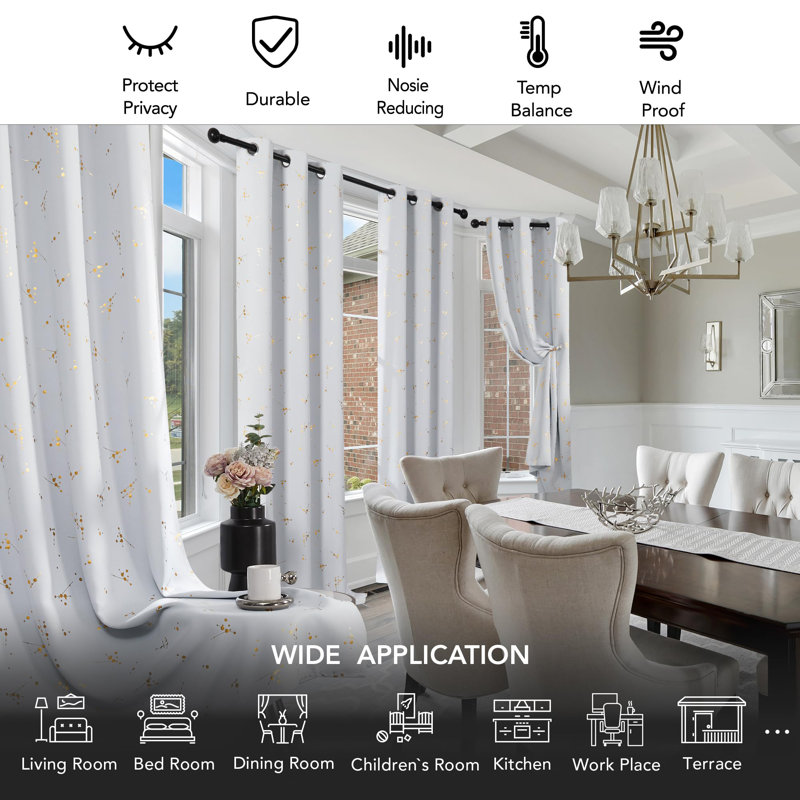 Foil Printed Constellation Pattern Blackout Grommet Curtains (Set of 4), Sliver White, 42" W x 54" L