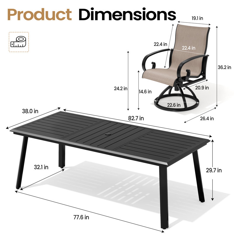 6 - Person Aluminum Outdoot Dining Set with Sunbrella Swivel Armchair, Brown/Black