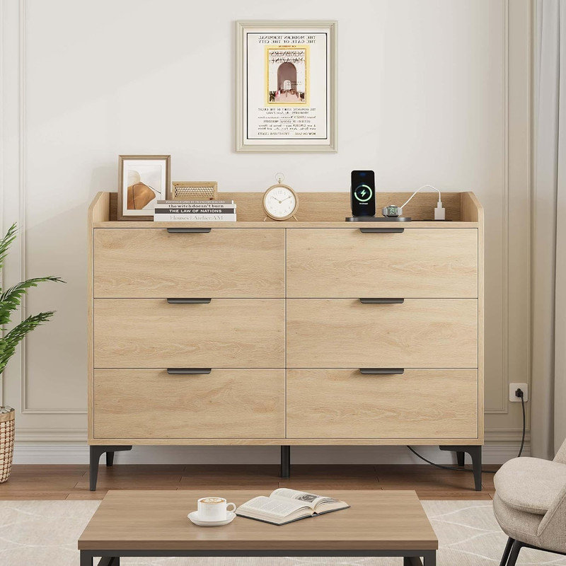 Commode 6 tiroirs 47 "avec prises de courant et ports USB, coffre de rangement en chêne naturel pour chambre