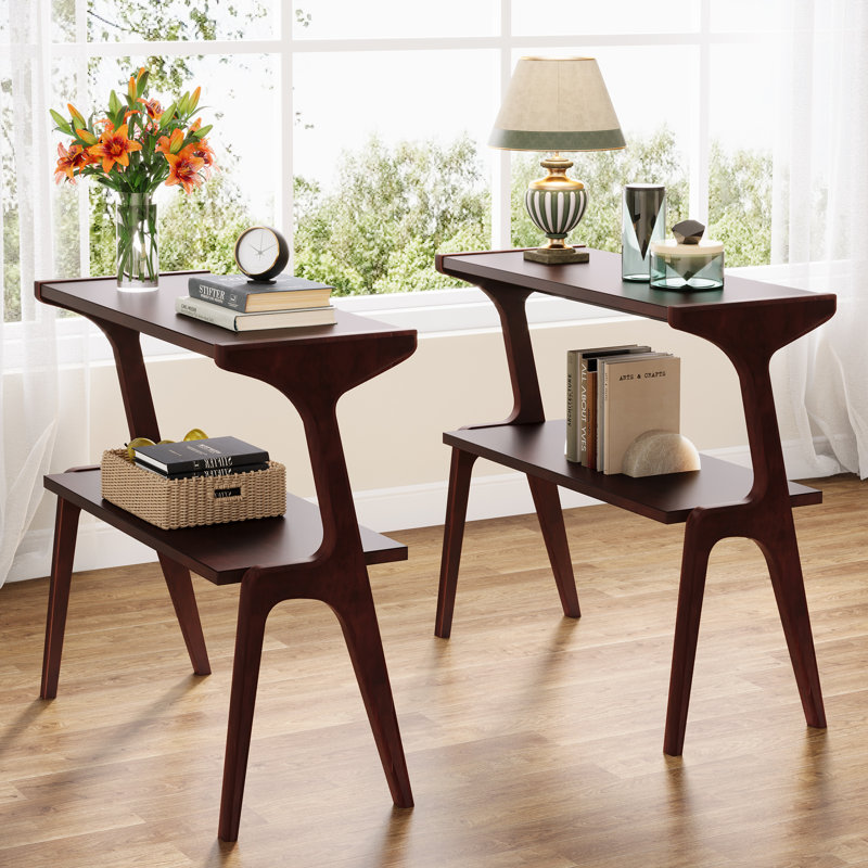 Table de bout mince Nekayla avec pieds en bois massif, Bourgogne