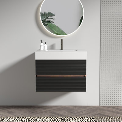 Meuble-lavabo mural de 30 pi avec lavabo et tiroirs à fermeture douce, lavabo blanc lustré, panneaux de style Mid-Century E1, meuble-lavabo sécuritaire pour tous les utilisateurs, flottant, double parois en bois d'ingénierie