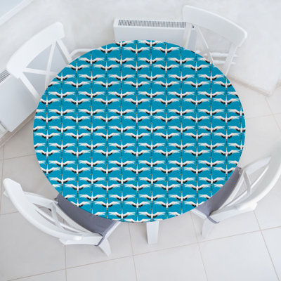 East Urban Home Vintage Asian Fitted Round Tablecloth White and Sea Blue