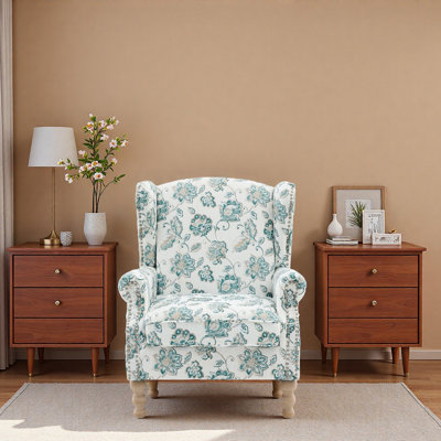 Modern Accent Chair with Retro Wood Legs, Comfy Upholstered Armchair, Floral Design Single Sofa Chair for Living Room Bedroom Office