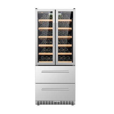 32'' Wine and Beverage Fridge with Double French Doors and Two Bottom Drawers, 168 Bottles and 300 Cans Storage