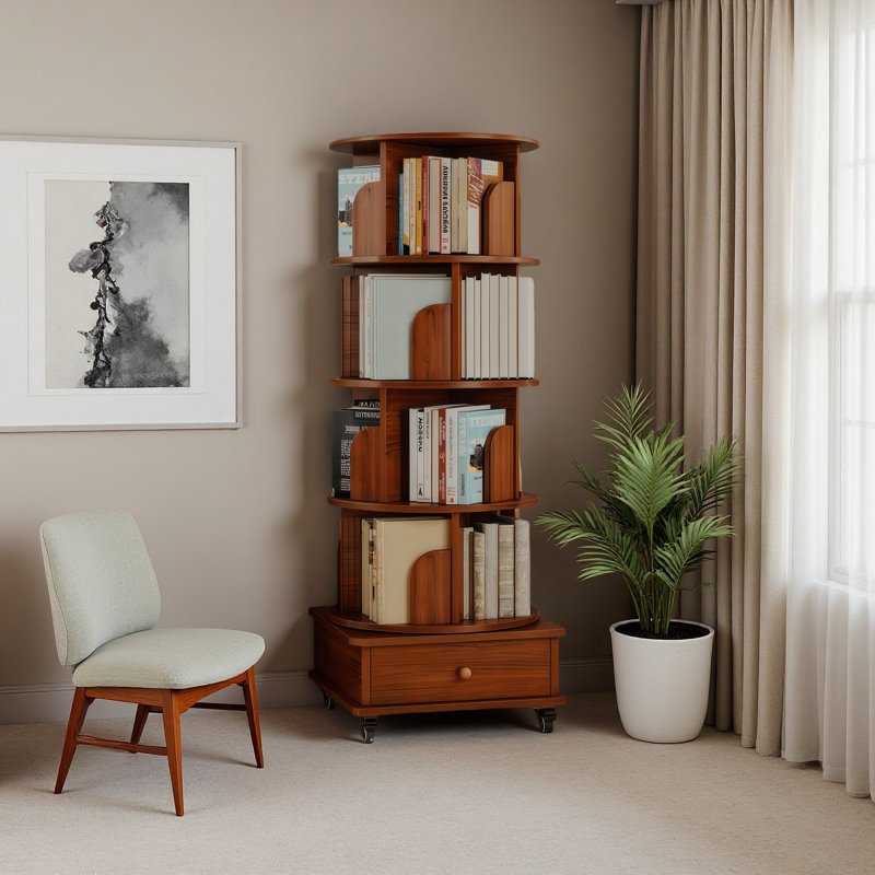 Rotating Bookshelf With Drawer, 360 Display 5 Tier Corner Bookshelf For Small Space, Floor Standing Bookcase Storage Rack, Wood Narrow Organizer For Bedroom, Living Room