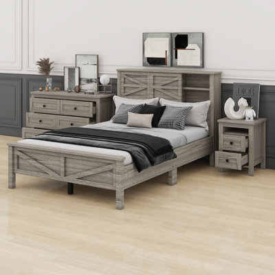 3-Pieces Farmhouse Style Bedroom Set with Double Sliding Door Storage Headboard, Charging Station, Nightstand and Dresser