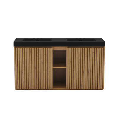 Meuble-lavabo de salle de bain avec lavabo avec trois trous de robinet, grand meuble-lavabo autoportant avec rangement, lavabo double une pièce sans drain ni robinet