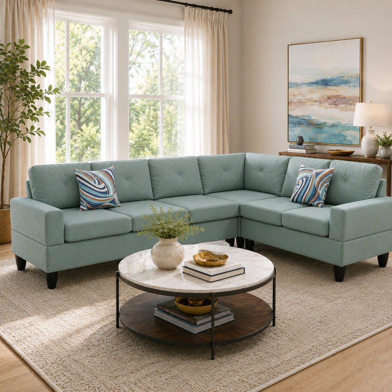 4-Piece Modular Sectional Sofa with Reversible Chaise and Toss Pillows, Light Green