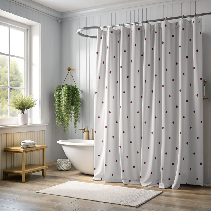 Rideau de douche mauve à pois mauves, H 74 po x l 71 po