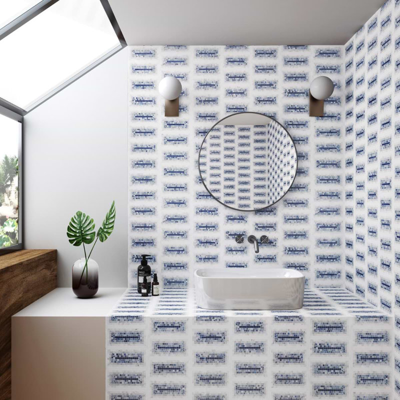 Ako 4x9 Rectangle Marble Micro Mosaic Tile, Azul Blue